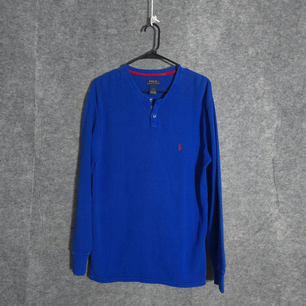 Polo Ralph Lauren Henley Mens L Blue Waffle Knit Thermal Long Sleeve Pony Logo